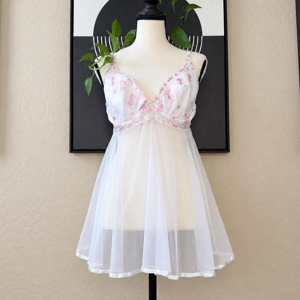 Deadstock NWT Y2K White Pink Heart Sheer Mesh Babydoll Slip Top Set 1X